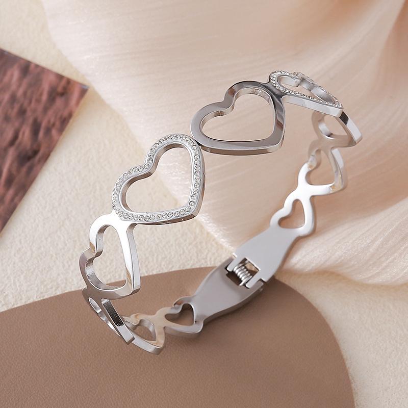 Geometric Hollow Heart Rhinestone Stainless Steel Women s Bracelet with Spring Buckle