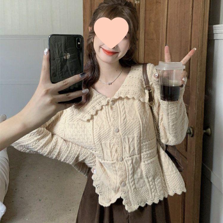 Women's Knitted Cardigan with Peter Pan Collar - French Chic for Spring and Autumn