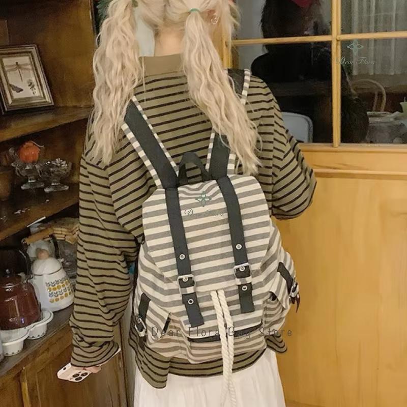 New Y2K Korean Striped Drawstring Backpack Fashion Women'S Kpop School Bag Rucksack Large Capacity Versatile Knapsack Travel Bag