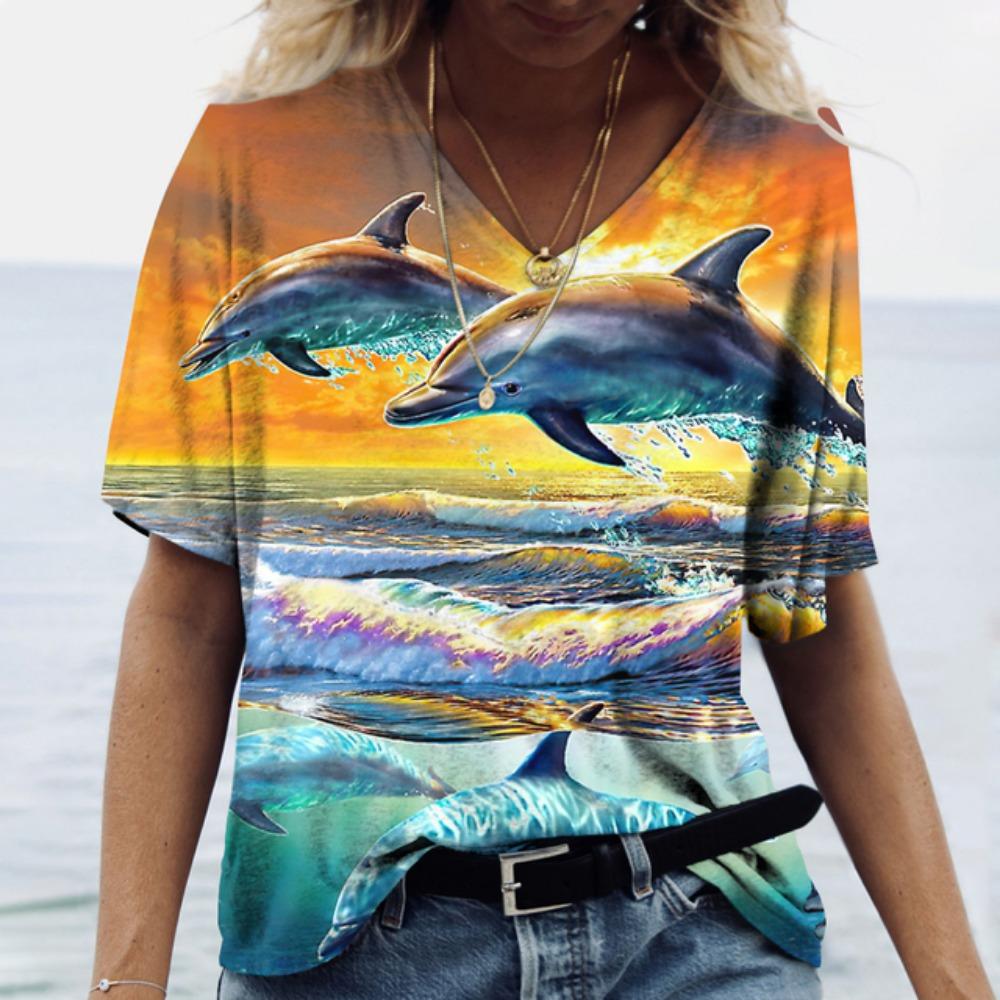 Women's T-Shirts Dolphin Print Tops V-Neck Fashion Female Vintage Aesthetics Tees Loose Oversized Funny Clothing