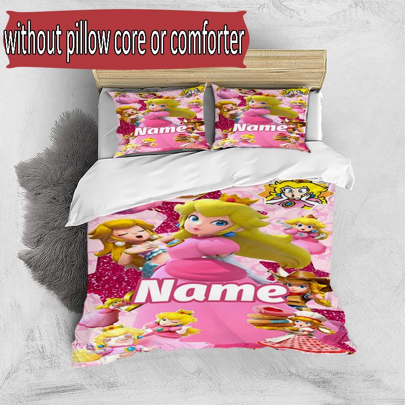 3pcs Duvet Cover Set (1*Duvet Cover + 2*Pillowcase, Without Core), Custom Name Princess Peach Toadstool Pattern Bedding Set, Home Bedroom Decor Gift