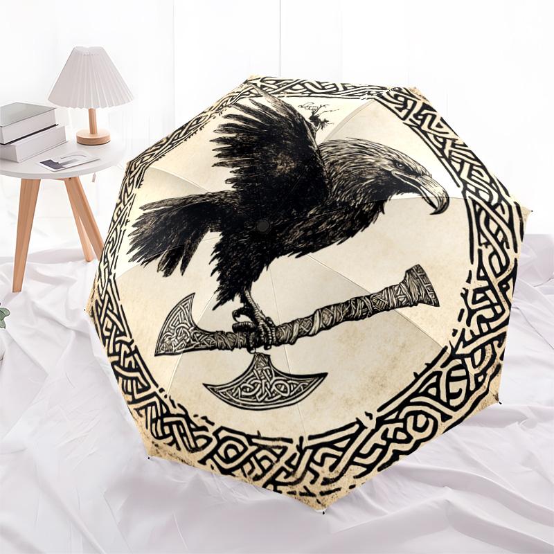 1 PC Automatic Folding Umbrella - Celtic Raven and Axes Pattern, Portable & Foldable Design with 8 Ribs, Christmas Birthday Gifts