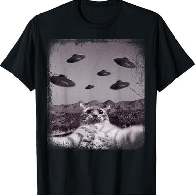 Alien UFO Cat Meme T-Shirt for Men Women Kids