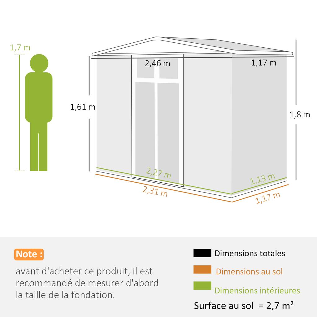 Μεταλλικό υπόστεγο κήπου 2,7 m² με παράθυρο, 4 αεραγωγούς και κλειδαριά, 246 x 117 x 180 cm, γκρι