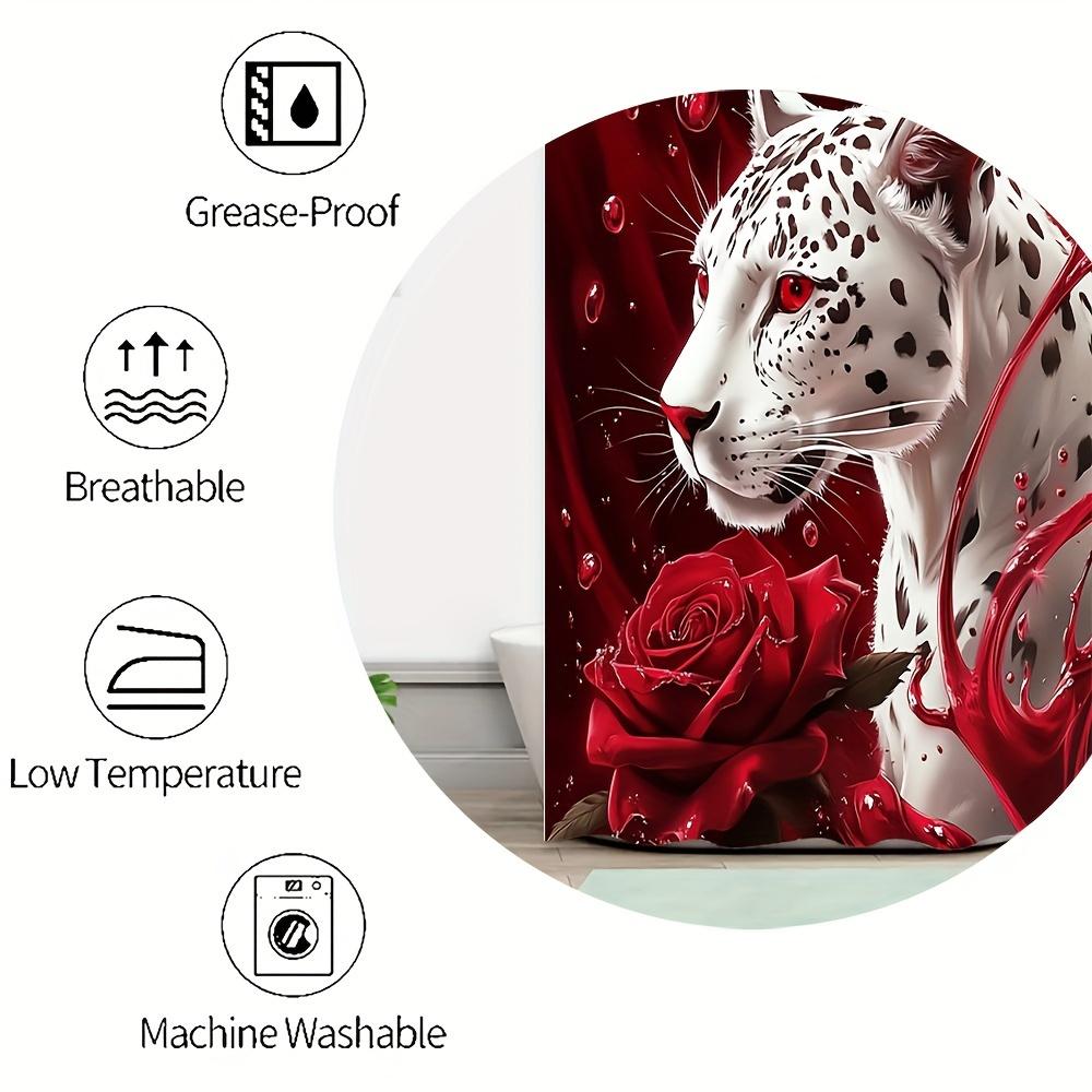 Mystical White Leopard With Red Roses Bathroom Set - Waterproof Shower Curtain, Toilet Lid Cover, Bath Mat, And Contour Mat
