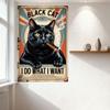 Vintage Black Cat with Cigar Tin Sign, Radial Red White Blue Stripes, 'BLACK CAT' 'I DO WHAT I WANT' Text, Weathered Metal Sign