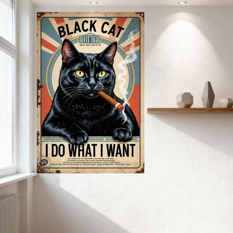 Vintage Black Cat with Cigar Tin Sign, Radial Red White Blue Stripes, 'BLACK CAT' 'I DO WHAT I WANT' Text, Weathered Metal Sign