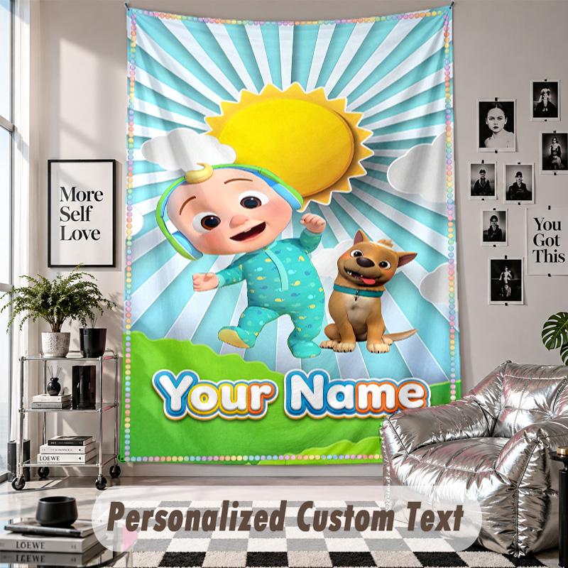 Wall Hanging Tapestry With Custom Name & Text, Cocomelon Decorative Tapestry For Bedroom