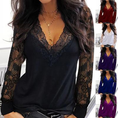 Fashion Womens Casual Sexy Lace Mesh Stitching V-neck Long Sleeve Top