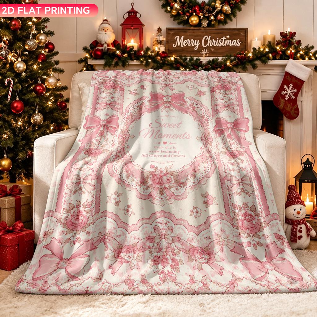 1pc Blanket, Pink Lace Floral Elegant Design, 2D Printed Fleece Blanket, Suitable for Sofa, Travel, Office Camping Blanket, Soft And Comfortable, Crea
