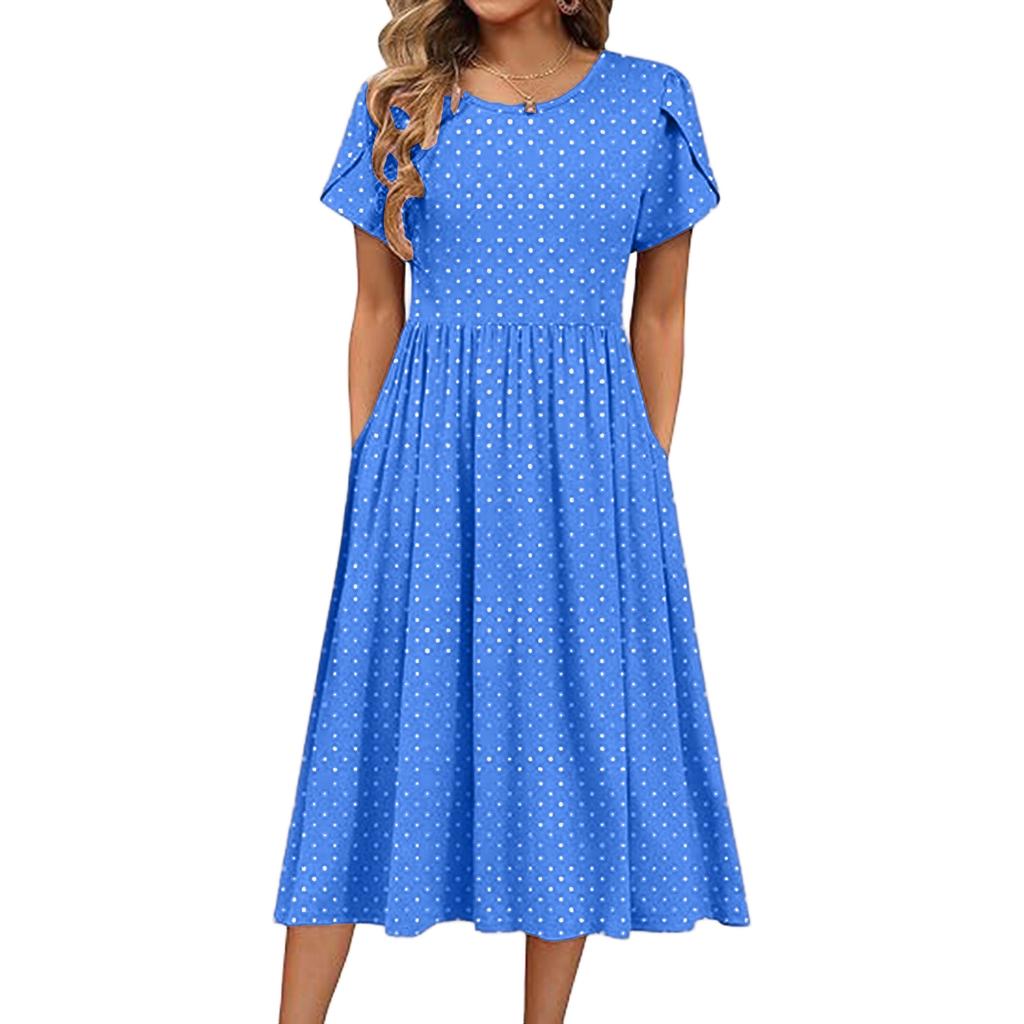 Women's Fashion Spring And Summer Dress Casual Short Sleeve Round Neck Petal Long Printed Dress