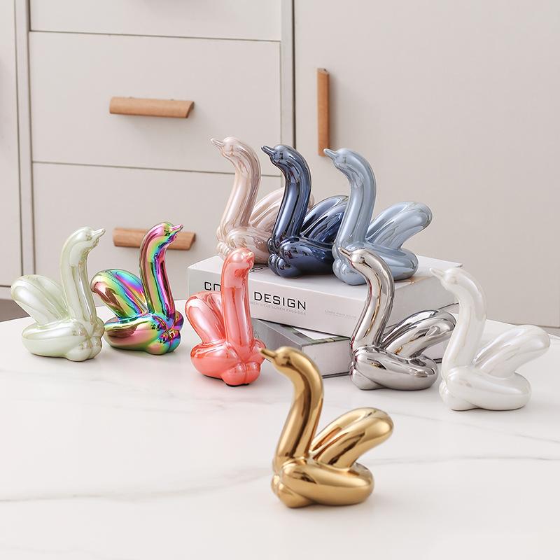 Creative Balloon Swan Electroplating Multi-color Abstract Ceramic Jewelry Sculpture Study Statue Home Office Decoration Gift
