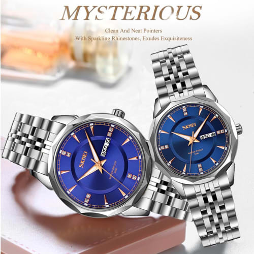 Relojes de Pareja SKMEI, Popular Set de Relojes de Pareja para Hombre y Mujer, Clásico Plateado con Correa de Acero Inoxidable, Resistente al Agua, Negocios, Marca de Lujo, G