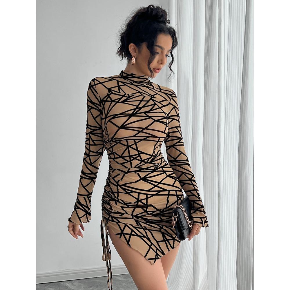 Spring and Summer Women's Slim Side Drawstring Small Standing Collar Long Sleeve Irregular Short Dresses
