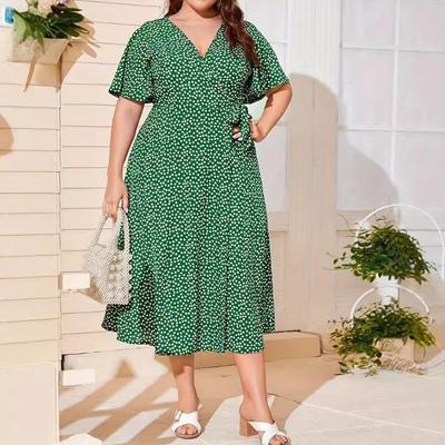Robe Imprimée Grande Taille à Col V, Taille Haute, Taille Lacée et Enveloppante
