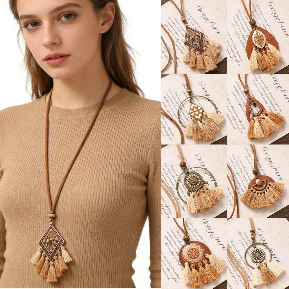 Elegante Boho Lange Halskette Damen Mode Brauner Anhänger Halsketten Retro Pullover Kette Schmuck