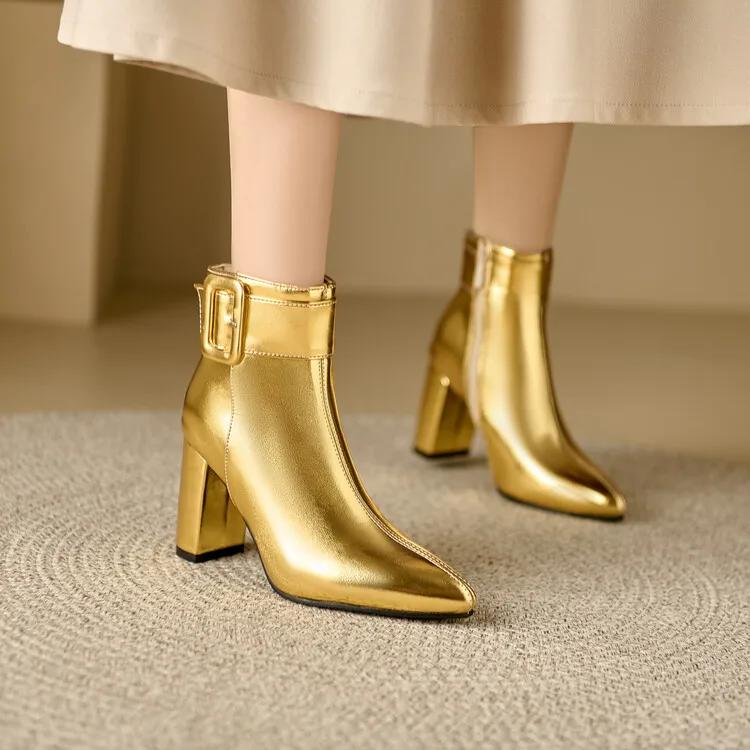Fashion Golden Silver Belt Buckle Pointed Women's Short Boots New European American Winter Warm 8.5cm High Heels Ankle Boots Size 32-46