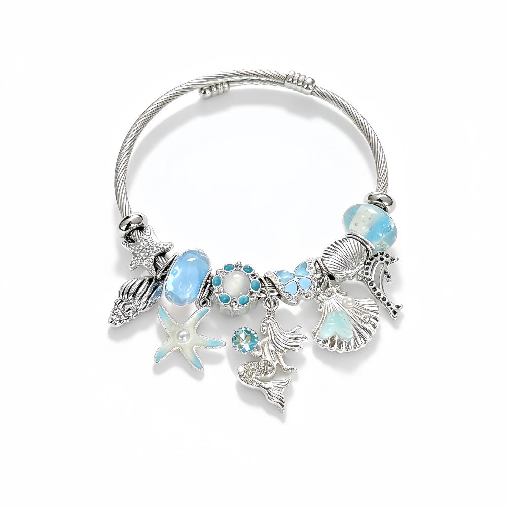 Fanhua Jewelry Tiktok Hot Selling Waterproof Stainless Steel Gold Plated Ocean Mermaid Dolphin Starfish Shell Bracelet