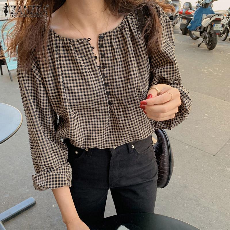 

ZANZEA Клетчатый принт Повседневный O-образный вырез с длинным рукавом Женская блузка