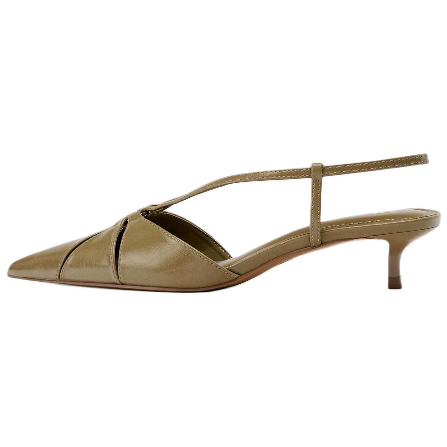 ZARA Leather Pointed Toe Slingback Kitten Heels Olive Green Womens 12207510032 38