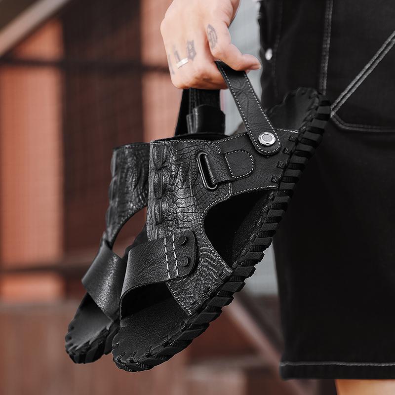 Summer Fashion Men Slippers  Drag Beach Shoes Outdoor Hollow Out Shoes Male Slides Flats Elastic Lazy leather Handmade Sandals