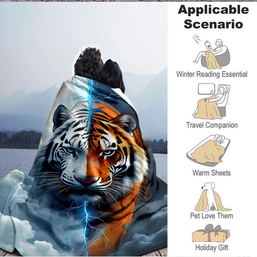 1pc Tiger Lightning Print Blanket Lightweight Flannel Blanket Throw Blanket For Sofa, Bed, Travel, Camping, Livingroom, Office, Couch, Chair, And Bed
