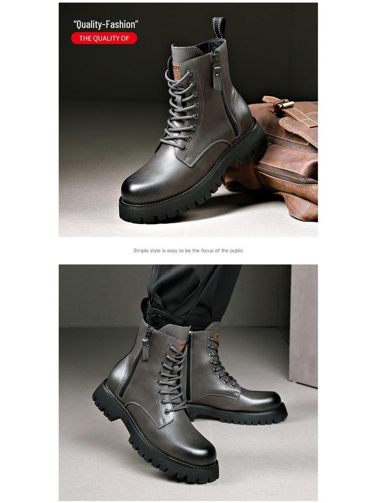 Men's Autumn & Winter Yellow Genuine Leather Boots with Thick Sole, Side Zipper, and Round Toe - Comfortable Mid-High Martin Style.