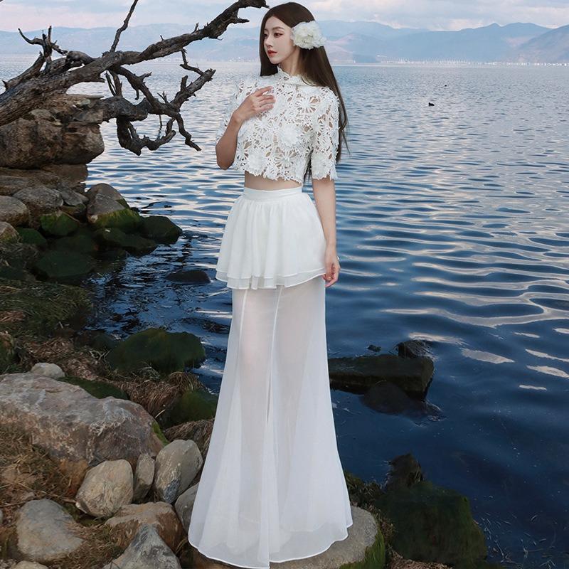 Thai Holiday Wear Black Flower Hollow Lace Short Top Streamer Fishtail Half-body Gauze Skirt Set