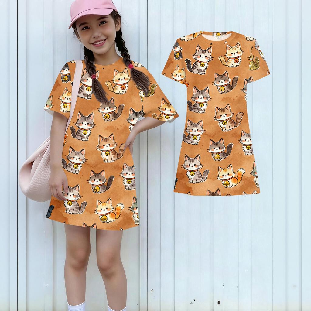 Girls Loose Fit Short Sleeve Dress Lightweight Round Neck Casual Dress with Animal Print Pattern for Kids Summer Wear