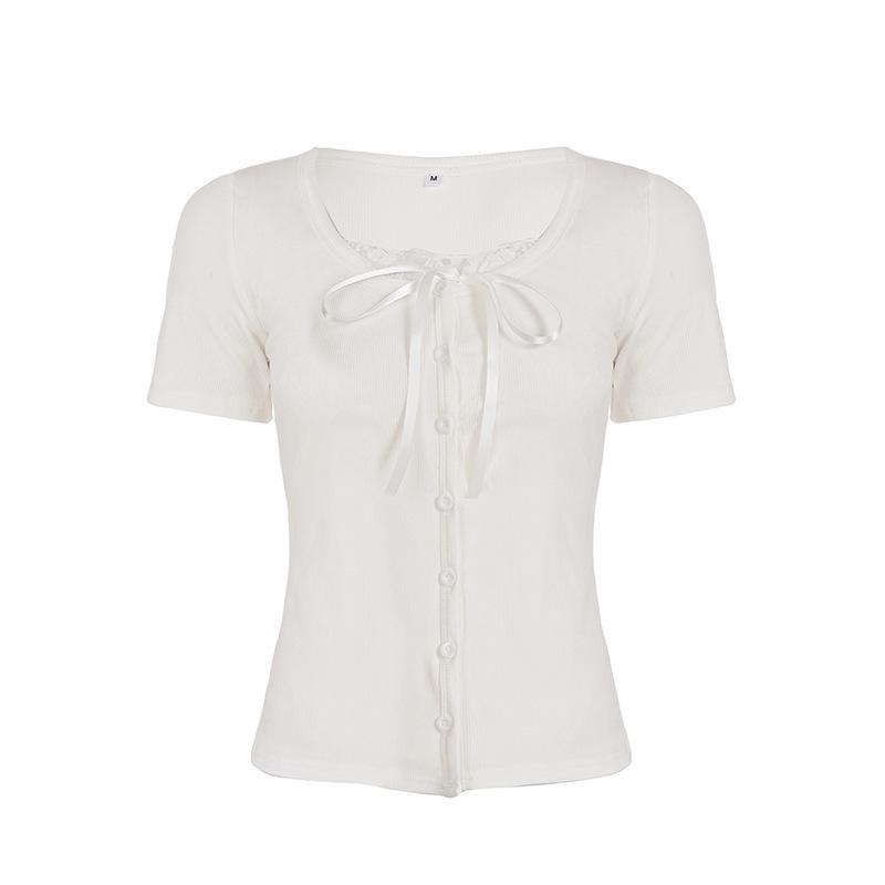 Sweet Lace Patchwork Two-Piece Style Button-Down T-Shirt for Women Small белый