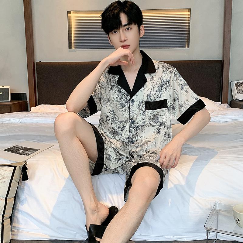 Ink Wash Painting Men Pajamas Suit Ice Silk Thin Summer Short-sleeved Satin National Style Loungewear Loose Sleepwear Male Gift
