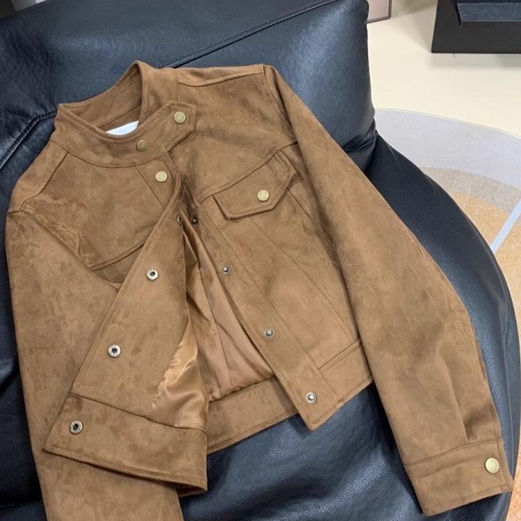 Petite Suede Brown Motorcycle-Style Jacket for Women - Spring/Autumn Fashion