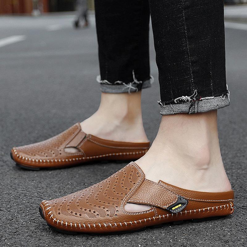 Half Slippers Leather Lazy Casual Sandals Summer Soft Sole Breathable Without Heel Bag Head Drag