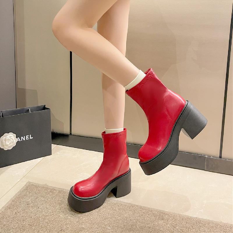 Botas De Mujer 2024 Winter Padded Cotton Boots Waterproof Platform Thick High Heel Back Zip Short Boots Versatile Shoes Women