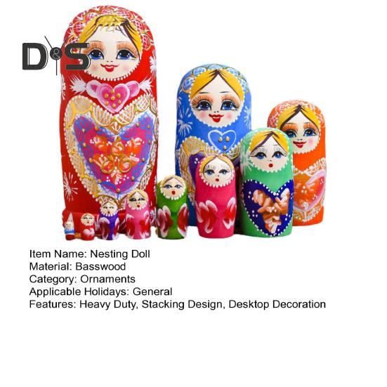 10Pcs/Set Russian Nesting Doll 10 Layers Handmade Wooden Vintage Matryoshka Stacking Toy Home Office Desktop Decoration Ornament