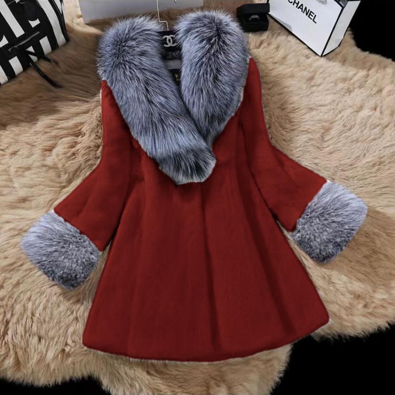 

Осень и зима новая женская куртка из искусственного меха воротник из искусственного лисьего меха имитация норки средней длины с V-образным вырезом имитация норкового волоса 6XL бордовый