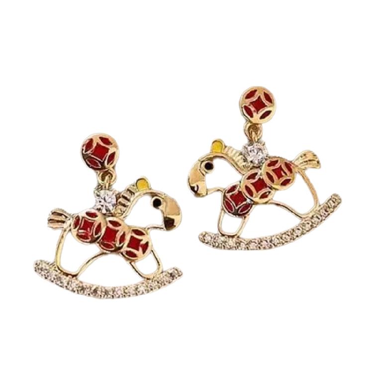 Unique Horse Theme Ear Studs Gold Finish and Stones Adorned for Parties Formal Event Elegant
