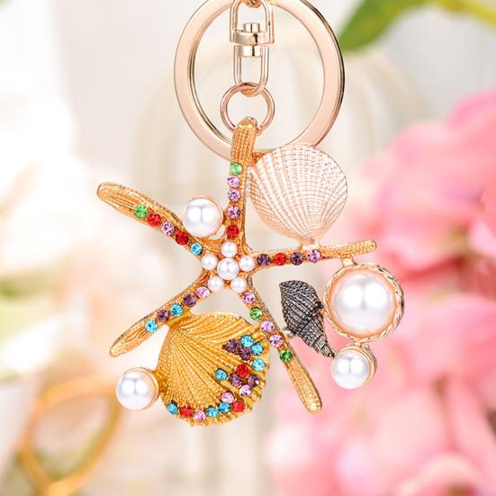Rhinestone Starfish Keychain Sparkling Shell Faux Pearl Keyring Pendant for Purse Backpack Accessory Gift for Friends