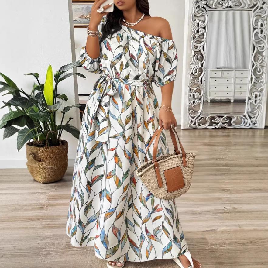 Summer New Style Women's Long Dress with Open Shoulders and Digital Print, Loose Fit Dress