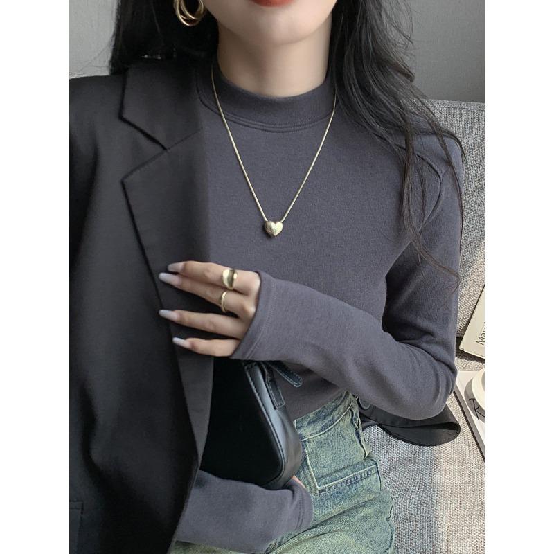 

Small stand-up collar inner top women s velvet semi-turtleneck splicing bottoming shirt spring slim-fitting simple long-sleeved shirt XL