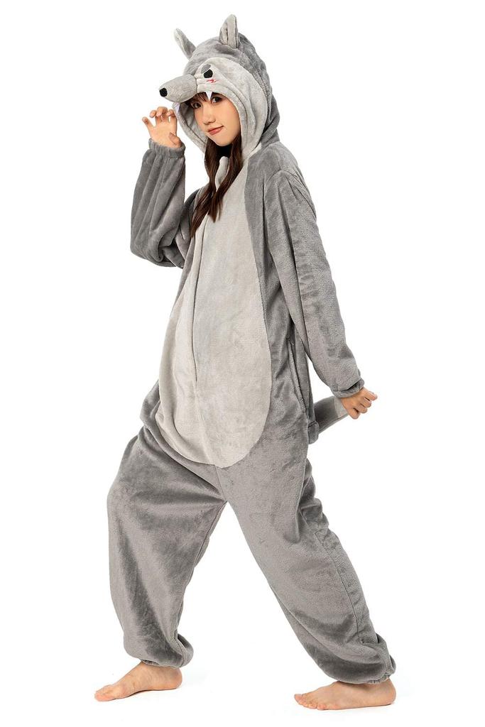 OLAOLA Wolf Kigurumi Pajamas for Halloween Animal Cold Unisex Sizes Adults, Costume, Costume, Fluffy, Warm, Flannel, Protection, Cute, (M, 160-175)