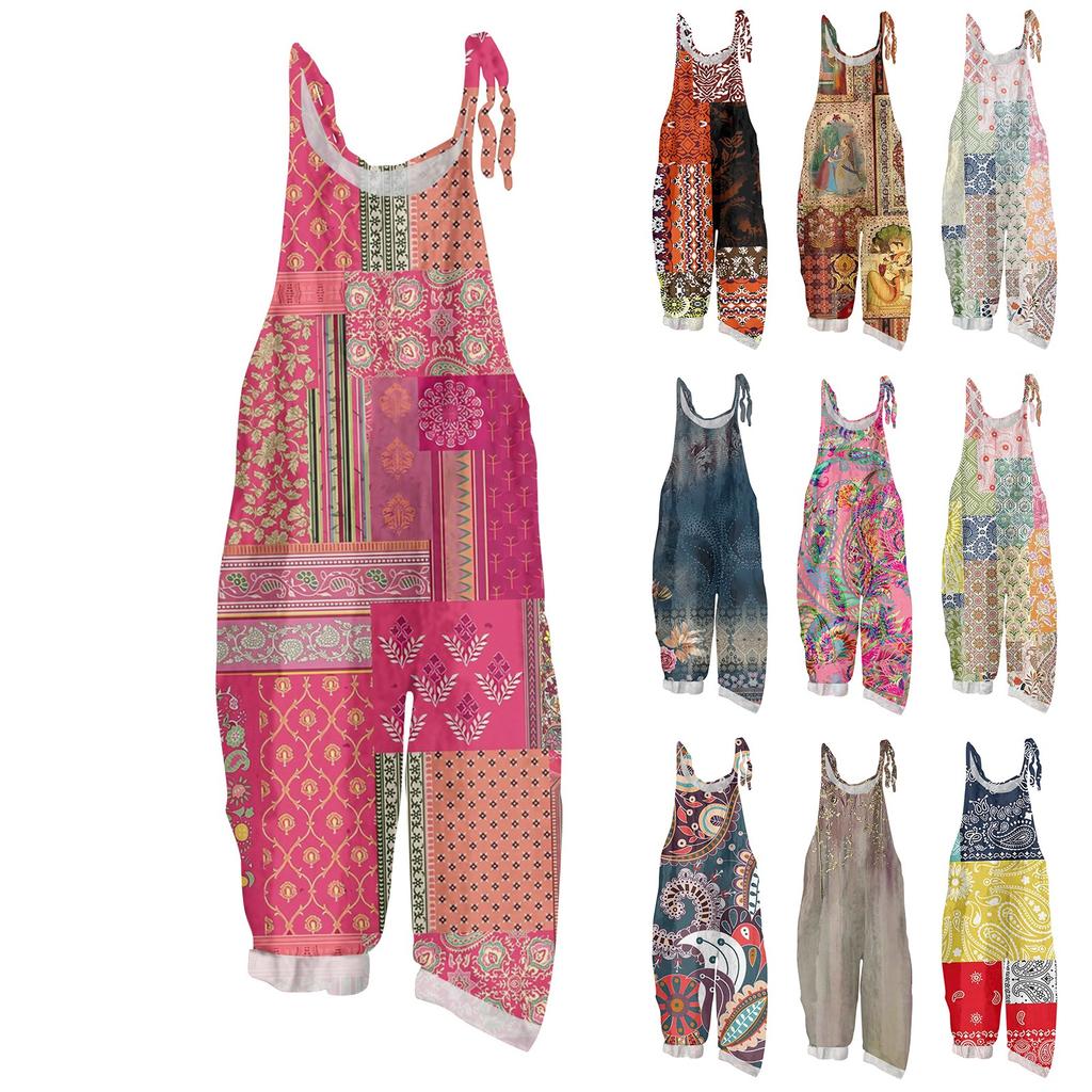 Women's Jumpsuit Floral Vintage Print Casual Loose Retro Cotton Linen Back Pants