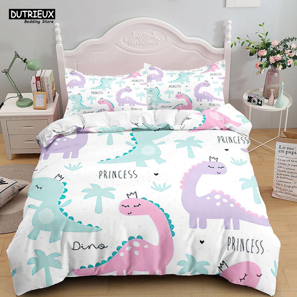 Cartoon Dinosaur Bedding Set White Soft Duvet Cover Animals Kids Boys Single Double Twin Queen King Size Duvet Cover Set