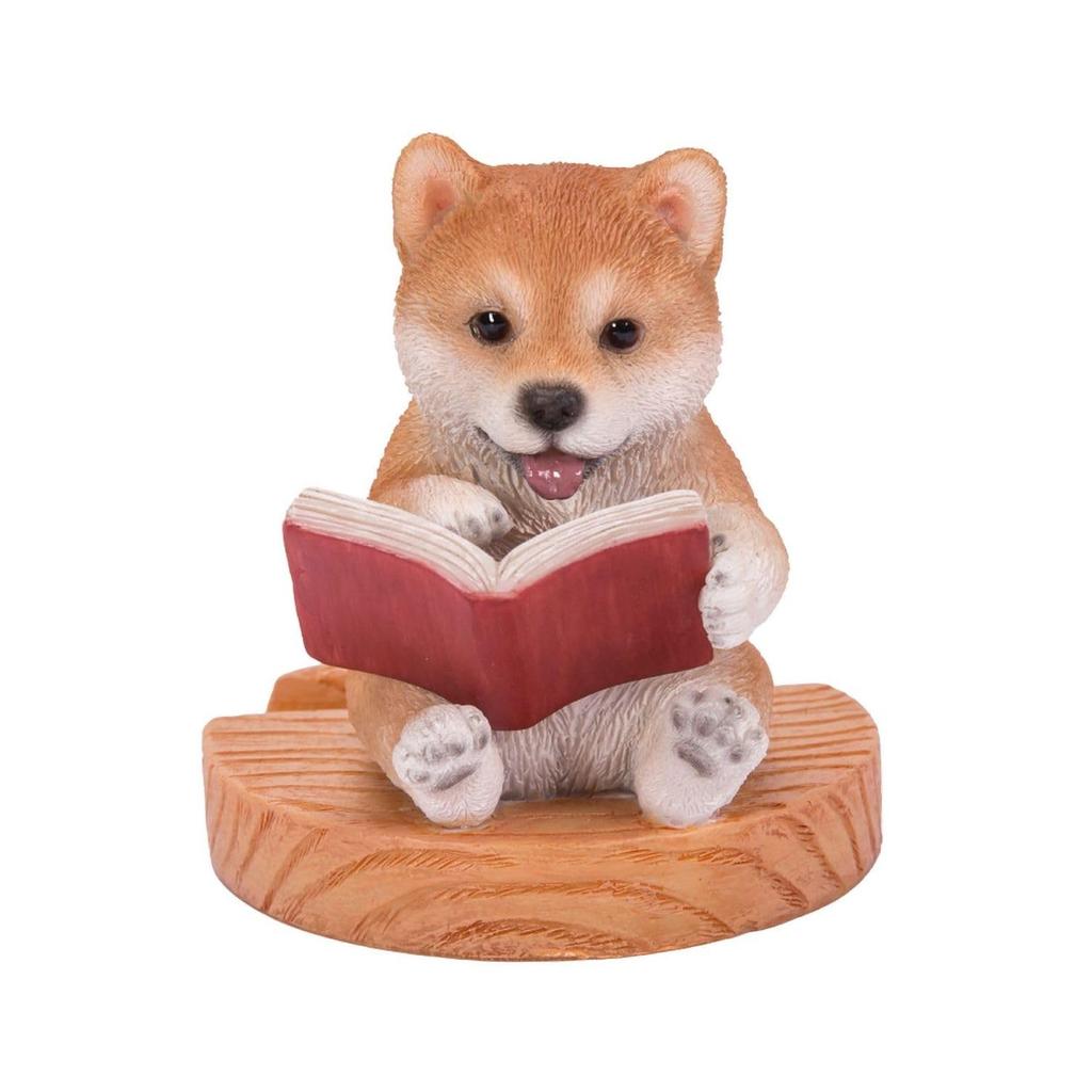 Ubia Shiba Inu Reading a Book Smartphone Stand, 9 x 7.5 x 8.3 cm, Doll Figurine, Animal Ornament, Garden Decor, Dog, H22333