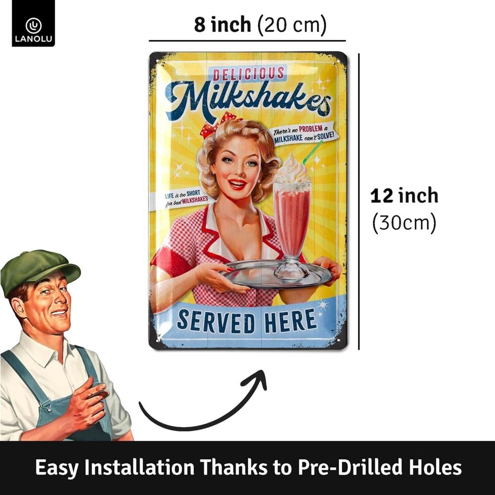 LANOLU Retro Kitchen Milkshake Tin Sign - Vintage US Diner Metal Decor for Milkshake & Cupcake Lovers