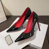 Women's Black Patent Leather Pointed Stiletto Heels - Red Bottom, Small Size, French Style