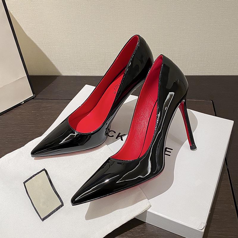 Women's Black Patent Leather Pointed Stiletto Heels - Red Bottom, Small Size, French Style
