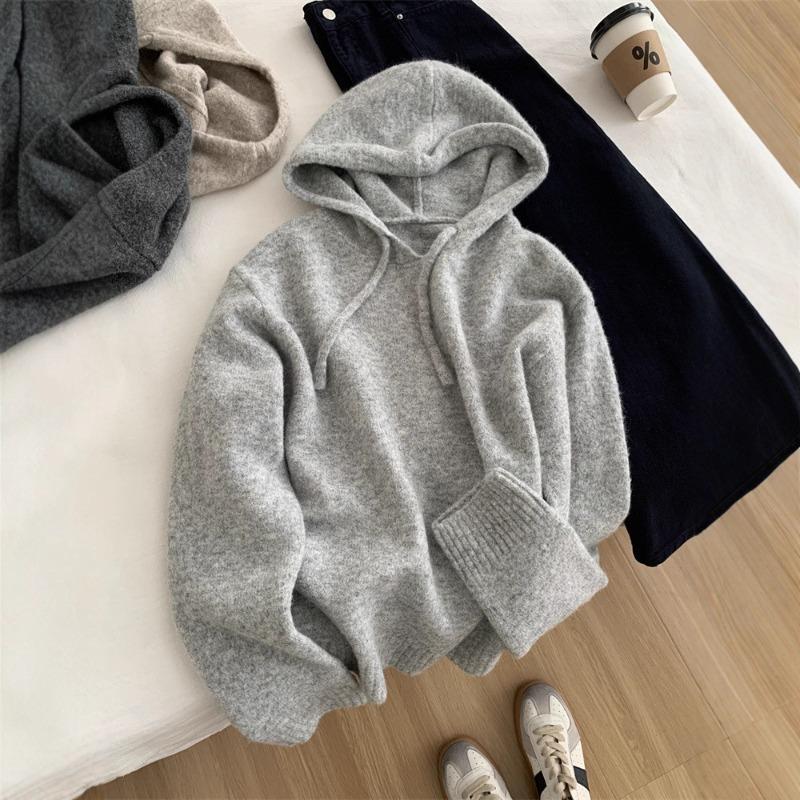 Grey wool knit hoodie women's thermal hooded sweater