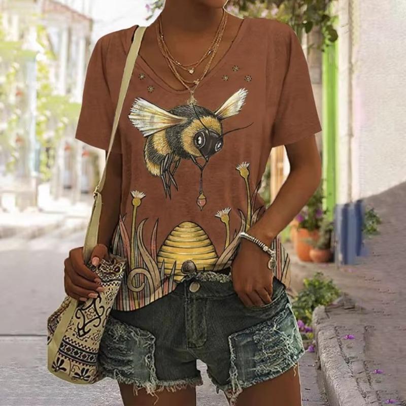 3D Print Women's T-shirt Bee Graphic Harajuku Clothing Female Casual Streetwear Summer V-Neck Oversized Short Sleeve Shirt