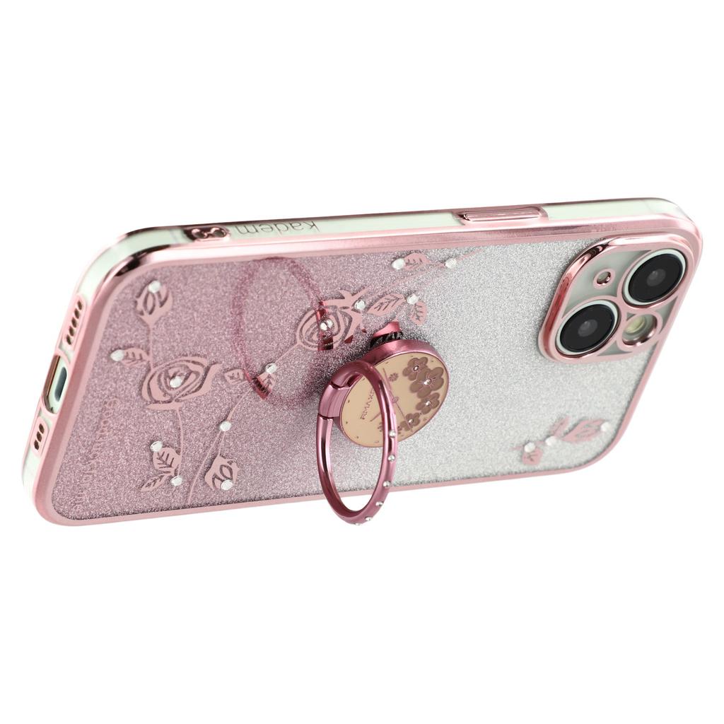 KADEM For iPhone 14 Plus Glitter Flower Pattern Cellphone Case with Ring Kickstand TPU Cover